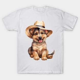 Watercolor German Shepherd Dog in Straw Hat T-Shirt